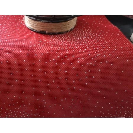 Toile de jute rouge CELESTE - paillettes argent - Larg150cm - COUPE DE 3M