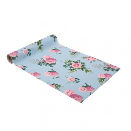 Chemin de table tissu fleuri bleu et rose - 28cm x 5m