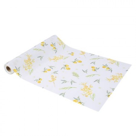 Chemin de table Mimosa Tissu Blanc Citrons et Feuillages 28 cm x 5 m