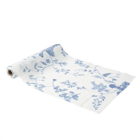 Chemin de table Toile de Jouy mousseline blanc et bleu 28cm x 3m