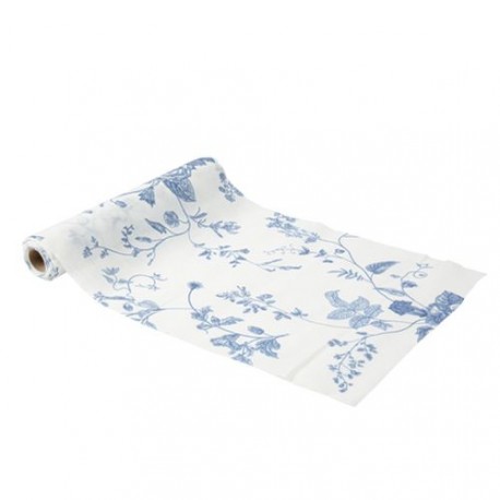 Chemin de Table Toile de Jouy Mousseline Blanc et Bleu 28cmx3m