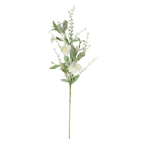Branche de feuillages et fleurs blanches 70 cm