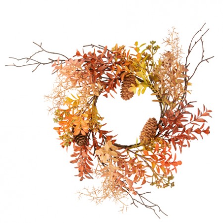 Couronne d'Automne pomme de pin et feuillage orange - Diam. 40cm