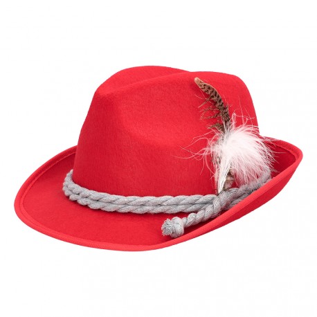 Chapeau en feutrine rouge avec plumes et corde / Taille adulte