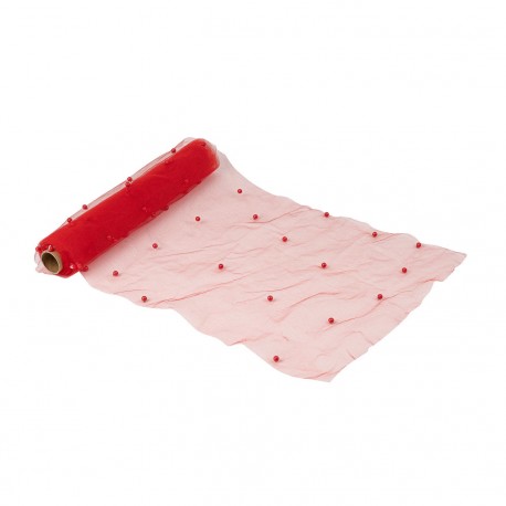 Chemin de Table Organza et Perles Rouge 28 cm x 5 m